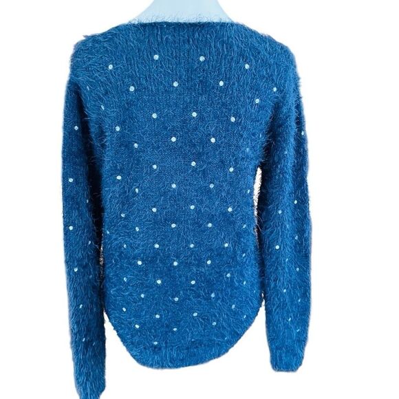 Mizumi navy blue polka dot eyelash knit sweater with crochet sequin collar sz M - Picture 3 of 8